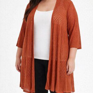 Torrid Long Open Cardigan 3X Rust Orange Sheer Knit Lightweight Short Sleeve